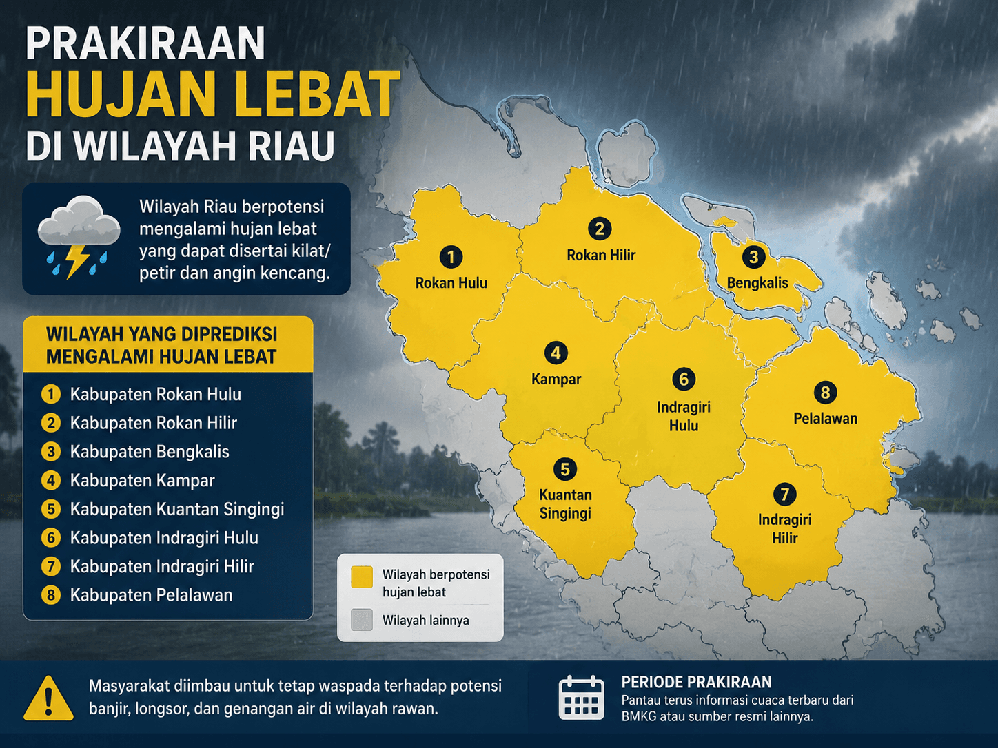 Sejumlah Kabupaten di Riau Diprediksi Diguyur Hujan Lebat Malam Ini