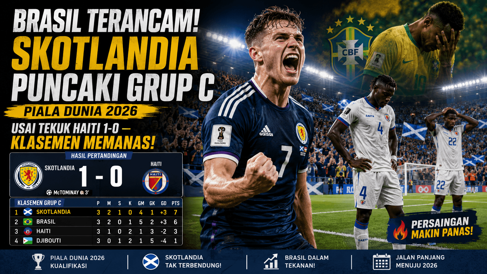 Brasil Terancam! Skotlandia Puncaki Grup C Piala Dunia 2026 Usai Tekuk Haiti 1-0 — Klasemen Memanas!